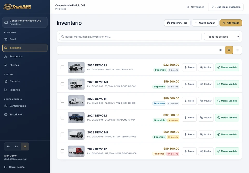 Inventario. Concesionario de demostración ficticio.