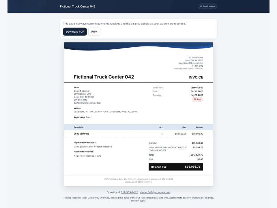Customer invoice view. Fictional demo dealership.