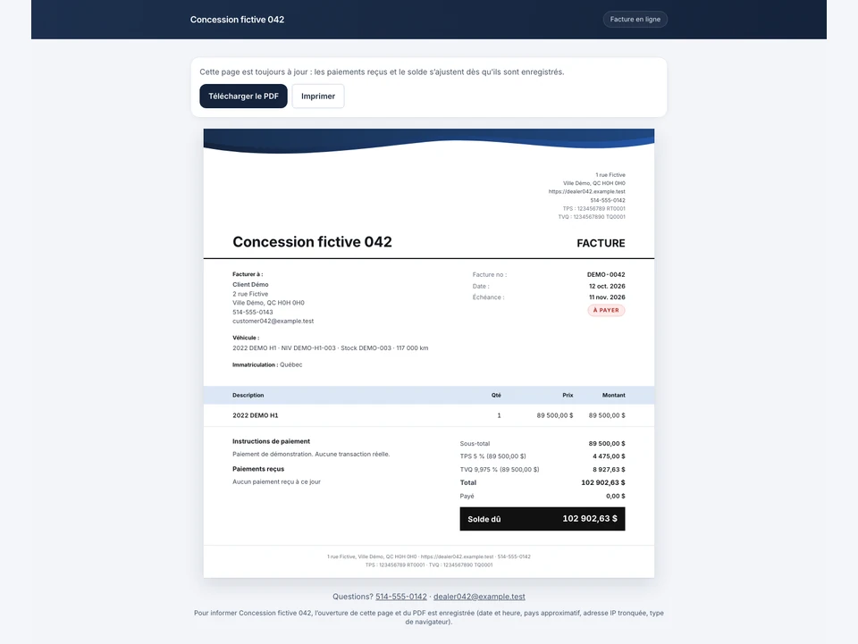 Facture vue par le client. Concession de démonstration fictive.