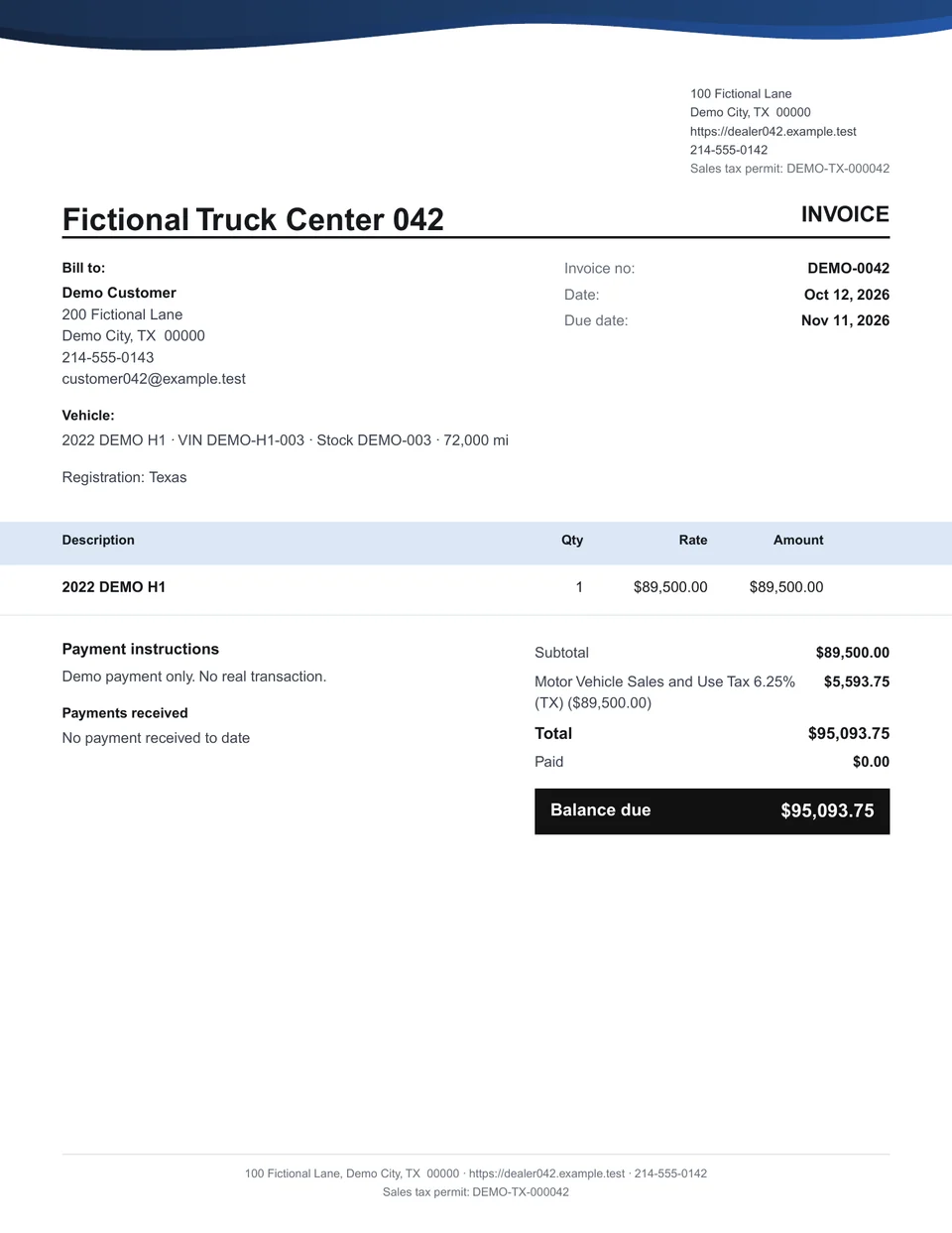 Invoice PDF. Fictional demo dealership.
