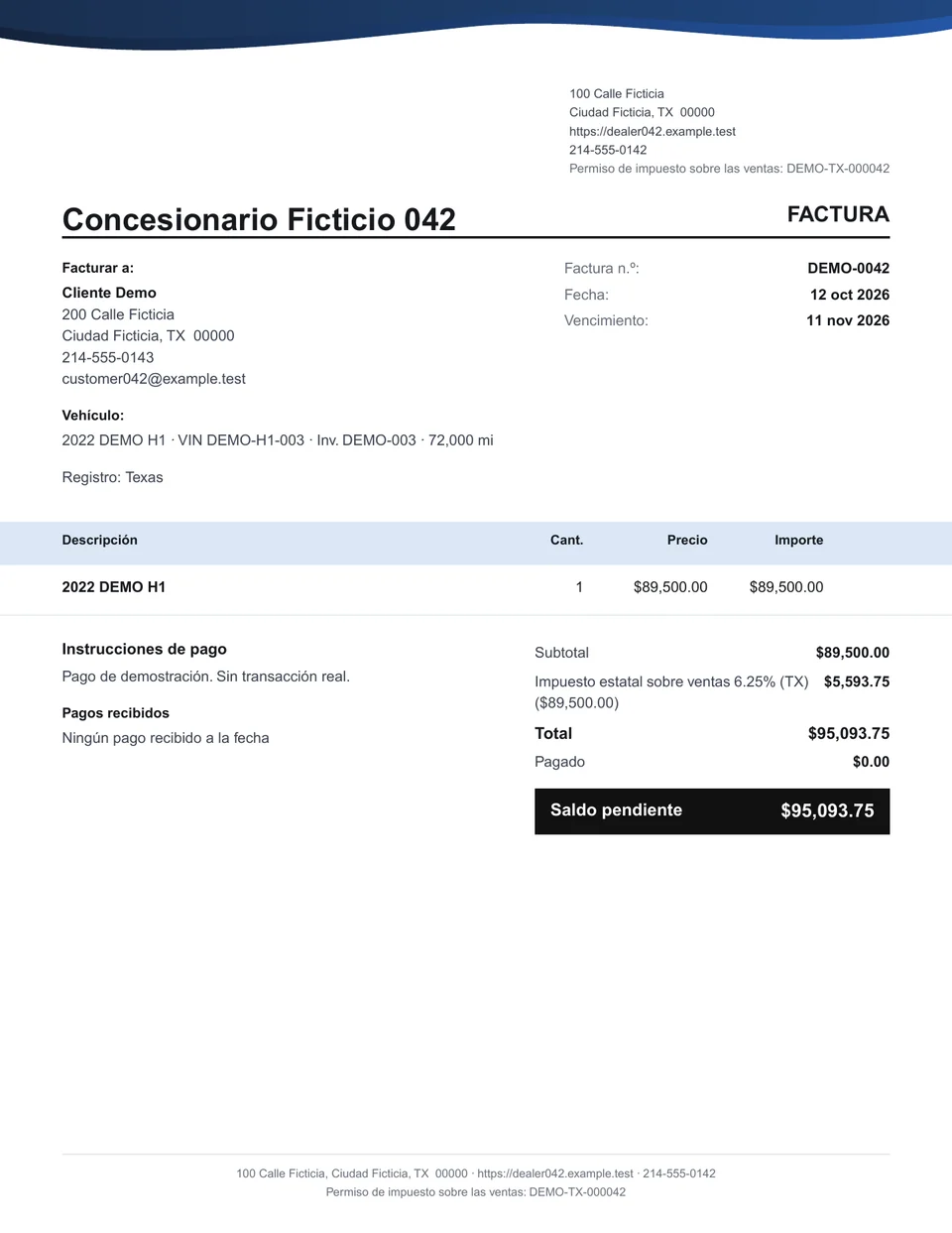 PDF de la factura. Concesionario de demostración ficticio.