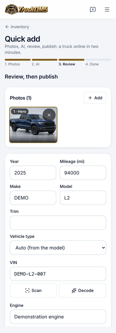 Quick add on a phone. Fictional demo dealership.